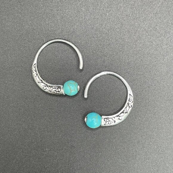 Medium Silver Tone Feather Spiral Earrings in Turquoise Blue #1349 - Picture 3 of 5